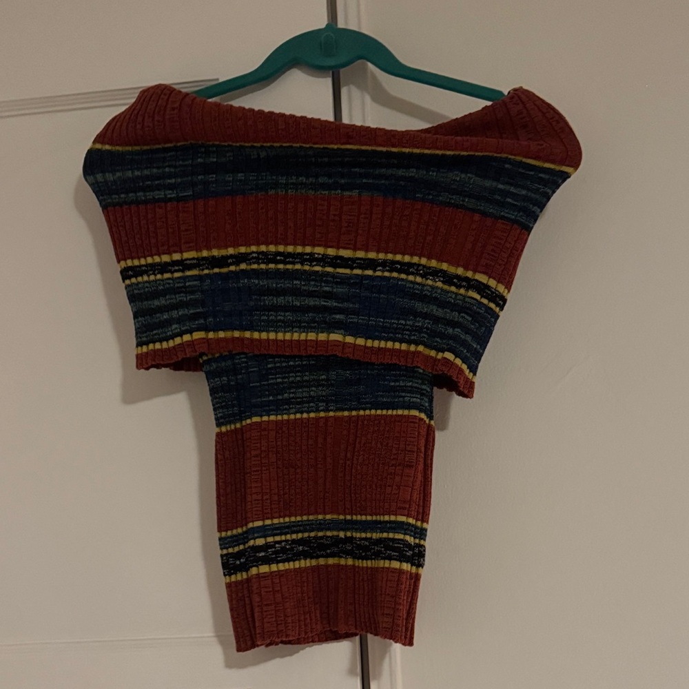 Free People Off-Shoulder Sweater - Red and Blue Stripes